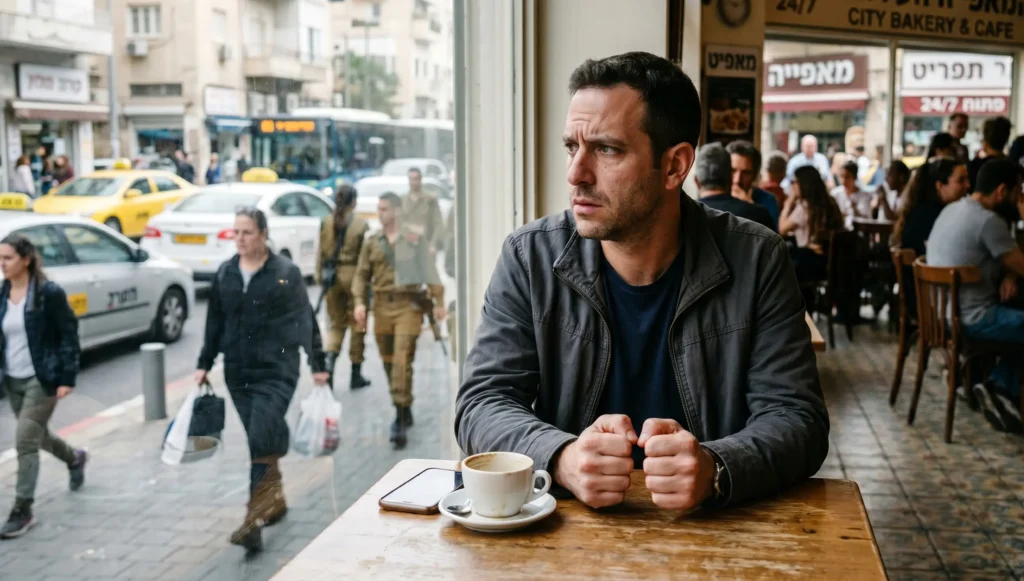 בנאדם בעל פוסט טראומה יושב בקפה לפני סיוע של חברת נתן